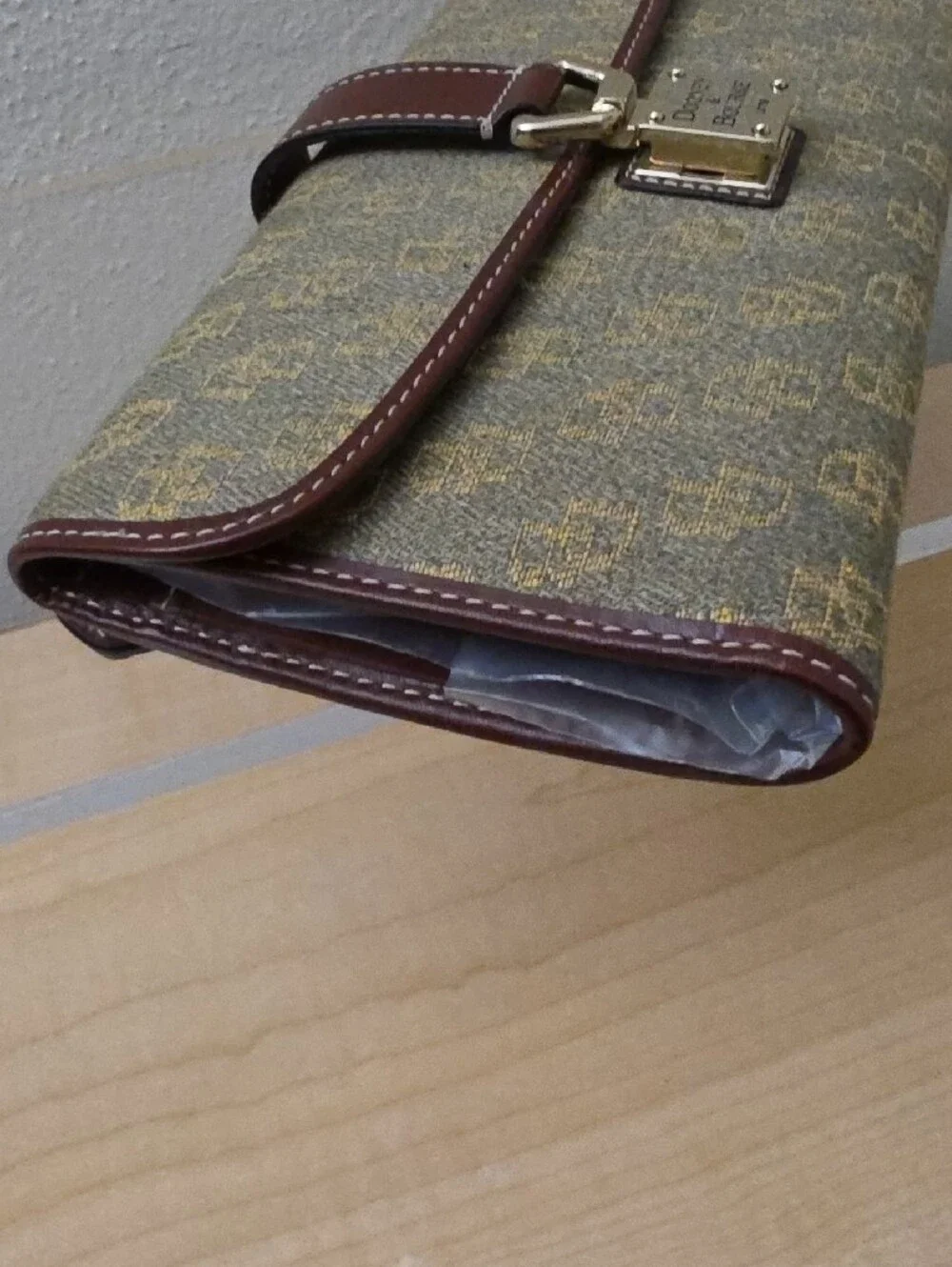 Dooney & Bourke Olive Signature Logo Clutch with Brown Trim